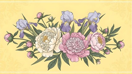 Beautiful Floral Illustration with Peonies and Irises on a Yellow Background