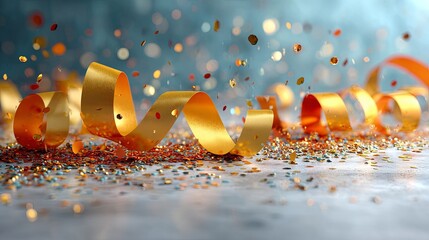 Radiant falling confetti and curling gold streamers creating a festive seamless design, polished textures and rhythmic visual flow
