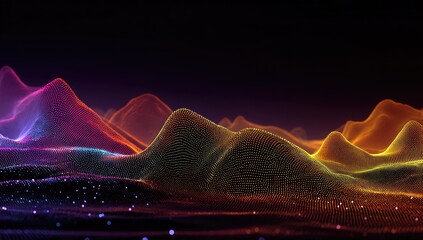 Abstract landscape of colorful, glowing particle mountains under a dark sky