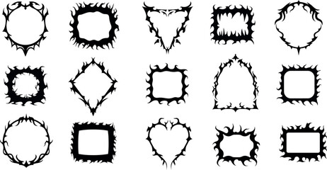 Gothic Halloween Frames Set with Black Spiky Outlines, Dark Decorative Borders, Horror Theme Vector Illustration