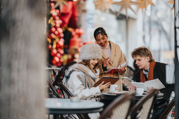 Obraz premium Three business professionals review documents at a festive outdoor cafe, smiling and focused. They discuss papers and tablets amid holiday decor and warm coffee in a winter setting.