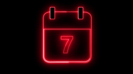 Neon line calendar icon animation showing date number 7 on Clean and minimal design concept. Remember Date, day and month. 4k videos.