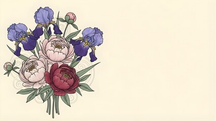 Beautiful Illustration of Colorful Peonies and Irises in a Floral Bouquet