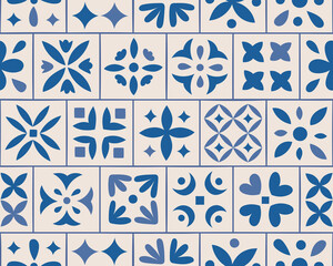 Watercolor botanical ornamental vintage ceramic tile seamless background. Floral grid vector blue background