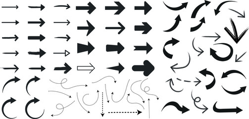 Large Arrow Set with Dotted Curly and Straight Styles, Thin to Thick Directional Arrows Collection, Navigation Vector Illustration