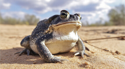 Obraz premium herpetology. Macro view of a Sonoran Desert Toad resting on sandy terrain in natural sunlight. wildlife magazines, conservation campaigns, designed for wildlife conservation campaigns. 