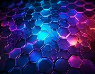 Abstract hexagonal pattern illuminated with vibrant blue and purple gradient light 