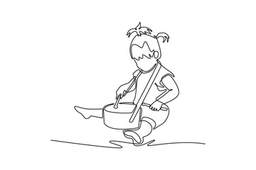 baby girl play drum at home. Children playing toys concept. Single line draw design. Vector graphic illustration