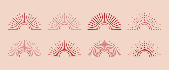 Abstract half sun, sunburst, sunrise, sunset symbols. Red concentrated lines modern burst, firework, solar effect