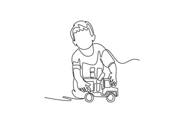 boy with his truck toy. Children playing toys concept. Single line draw design. Vector graphic illustration