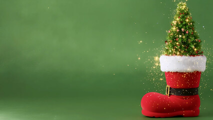 Magical Christmas tree growing inside Santa's red boot with golden sparkles on green background