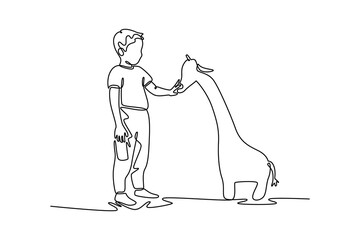 Little boy stroking a toy giraffe. Children playing toys concept. Single line draw design. Vector graphic illustration