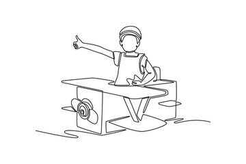 little child girl playing with cardboard toy airplane handicraft. Children playing toys concept. Single line draw design. Vector graphic illustration