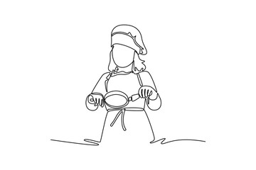 Little girl in chef hat and apron cooking fried eggs in toy kitchen. Children playing toys concept. Single line draw design. Vector graphic illustration