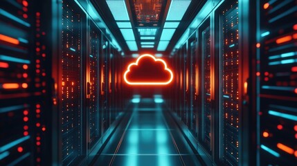 Cloud computing infrastructure inside modern IT data center corridor with glowing cloud icon, server racks, network storage, cybersecurity concept, perfect for cloud services and enterprise technology