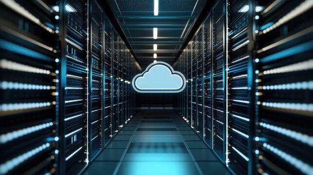 Cloud computing infrastructure inside modern IT data center corridor with glowing cloud symbol, server racks and network systems, perfect for cloud services and enterprise technology use - Powered by Adobe