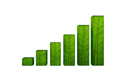 Green leaf textured bars showing upward growth trend, isolated on a transparent background,