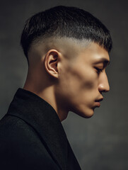 Fototapeta premium Fashionable Korean Man Profile with Trendy Crop Cut and Fade