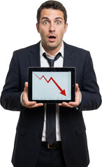 Businessman with shocked expression holding tablet displaying red downward trend graph with arrow chart decline loss recession stock market finance crisis technology showing