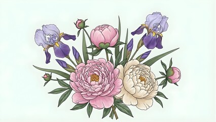 Beautiful Illustration of Peonies and Iris Flowers in Soft Pastel Colors