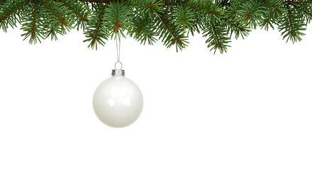 A single white christmas ornament hanging from evergreen boughs on transparent background.