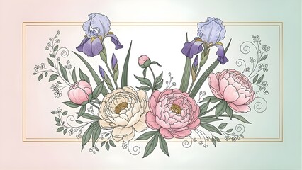 Beautiful Floral Illustration with Peonies, Irises, and Decorative Elements