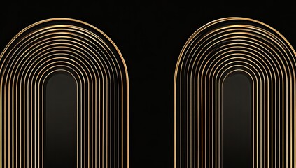 Two symmetrical arched structures with golden concentric lines on a dark background