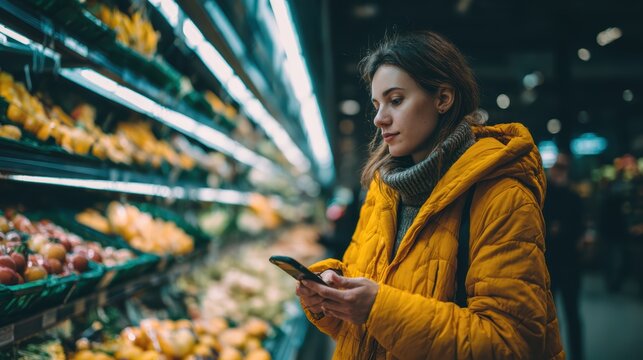 Shopping in the Grocery Store: A woman navigates the vibrant aisles of a grocery store, thoughtfully consulting her phone amidst the fresh produce, embodying a modern consumer experience. 