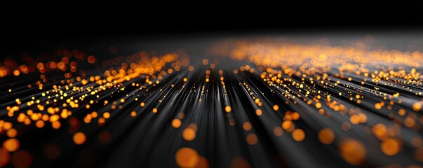 Digital data flow bright orange particles stream along dark lines on a black background