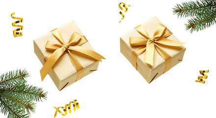 Two golden gift boxes with ribbons and festive confetti on transparent background.