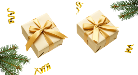 Two golden gift boxes with ribbons and festive confetti on transparent background.