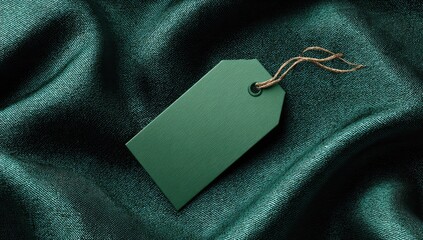 Blank green tag with a rustic string rests on flowing dark emerald green fabric