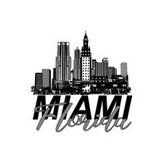 Obraz premium Minimal line art illustration of iconic Miami landmarks with palm trees and Art Deco style, capturing a modern tropical beach vibe. Ideal for t-shirts, posters, brandingช, and travel designs.