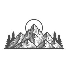 Vintage Engraved Mountain Landscape with Pine Trees and Sun