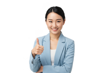 Young asian woman with dark hair smiling warmly giving thumbs up gesture transparent background