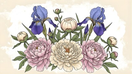 Beautiful illustration of vibrant flowers, including irises and peonies