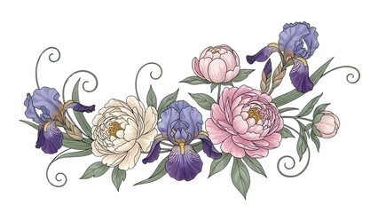 Beautiful Floral Illustration with Peonies and Irises, Elegant Floral Design for Flower Art
