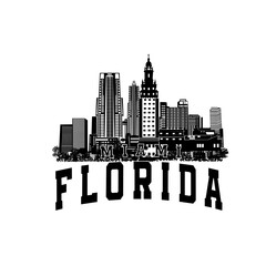 Fototapeta premium Minimal line art illustration of iconic Miami landmarks with palm trees and Art Deco style, capturing a modern tropical beach vibe. Ideal for t-shirts, posters, branding, and travel designs.