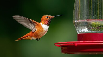 Rufous Hummingbird Hovering Near Red Bird Feeder in Summer Garden