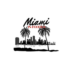 Obraz premium Minimal line art illustration of iconic Miami landmarks with palm trees and Art Deco style, capturing a modern tropical beach vibe. Ideal for t-shirts, posters, branding, and travel designs.