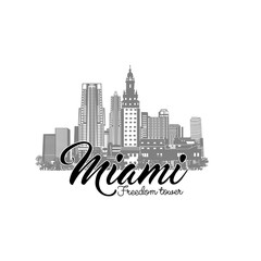 Obraz premium Minimal line art illustration of iconic Miami landmarks with palm trees and Art Deco style, capturing a modern tropical beach vibe. Ideal for t-shirts, posters, branding, and travel designs.