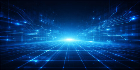 Abstract blue technology background featuring a digital grid pattern with light fractals and motion wave elements for a futuristic science communication wallpaper © Jisan