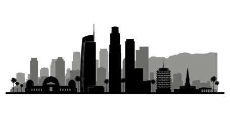 Obraz premium Silhouette of Los Angeles skyline with palm trees and Griffith Observatory