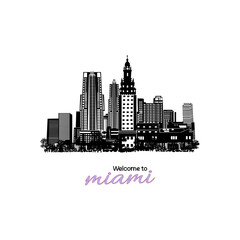 Naklejka premium Minimal line art illustration of iconic Miami landmarks with palm trees and Art Deco style, capturing a modern tropical beach vibe. Ideal for t-shirts, posters, branding, and travel designs.