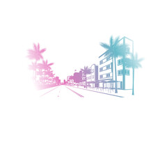 Fototapeta premium Minimal line art illustration of iconic Miami landmarks with palm trees and Art Deco style, capturing a modern tropical beach vibe. Ideal for t-shirts, posters, branding, and travel designs.