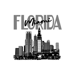 Naklejka premium Minimal line art illustration of iconic Miami landmarks with palm trees and Art Deco style, capturing a modern tropical beach vibe. Ideal for t-shirts, posters, branding, and travel designs.