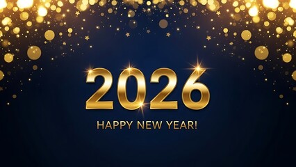 Elegant golden celebration graphic announcing the arrival of the new year 2026 with sparkles