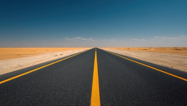 A long, straight desert road with yellow lines stretching under a clear blue sky