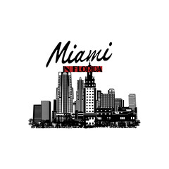 Fototapeta premium Minimal line art illustration of iconic Miami landmarks with palm trees and Art Deco style, capturing a modern tropical beach vibe. Ideal for t-shirts, posters, branding, and travel designs.