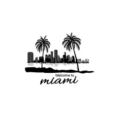Minimal line art illustration of iconic Miami landmarks with palm trees and Art Deco style, capturing a modern tropical beach vibe. Ideal for t-shirts, posters, branding, and travel designs.